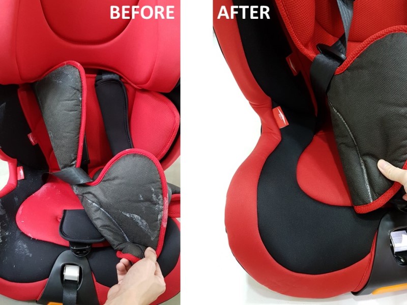 Child car seat before and after fabric cleaning